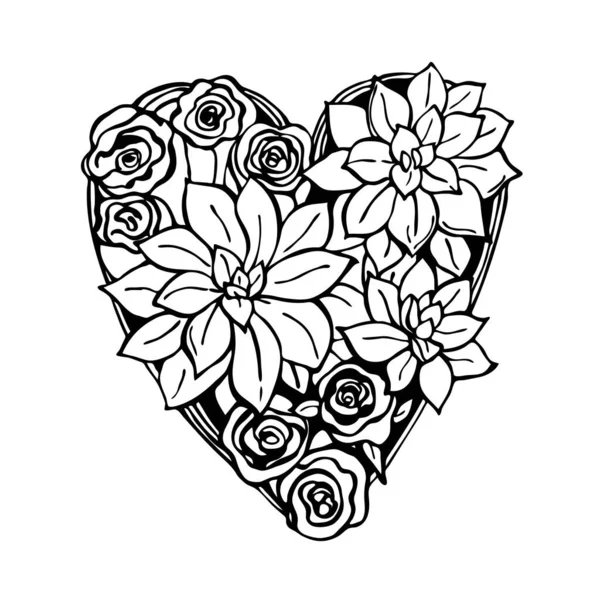 Coeur Floral Dessiné Main Avec Des Roses Des Succulents Illustration — Image vectorielle