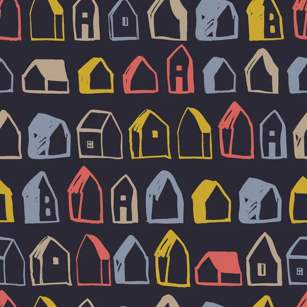 Χέρι Ζωγραφισμένα Σπίτια Σκίτσο Σκούρο Φόντο Διάνυσμα Χωρίς Ραφή Μοτίβο — Διανυσματικό Αρχείο