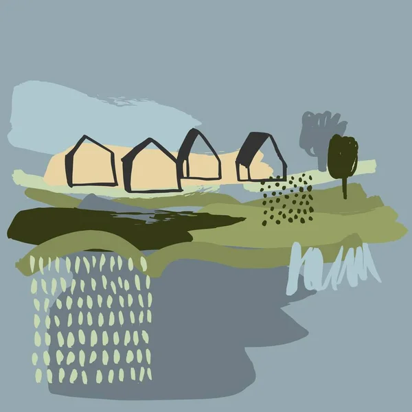 手のスケッチの家や木を描いた ベクターイラスト — ストックベクタ