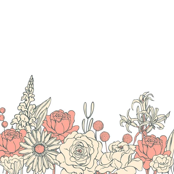 Цветочный Свадебный Фон Розовыми Ручными Цветами Листьями — стоковый вектор