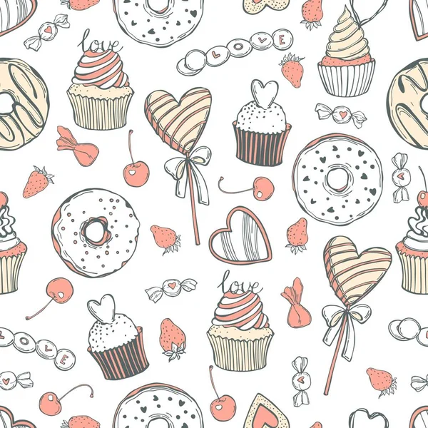 Beyaz arka planda Sevgililer Günü için el çizimi tatlılar ve pastalar. Vektörsüz desen 