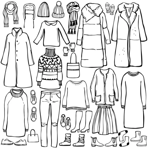Zimowa Moda Ręcznie Rysowane Damskie Ubrania Buty Ilustracja Szkicu Wektora — Wektor stockowy