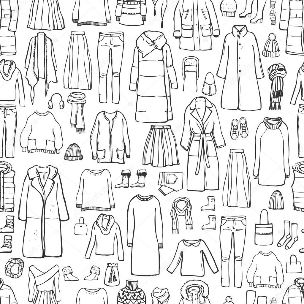 Winter  fashion. Hand drawn women's clothing and shoes. Vector  seamless  pattern. Sketch illustration