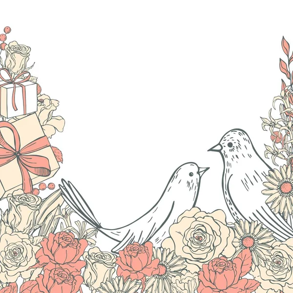 Vector Valentine Day Background Hand Drawn Flowers Birds Sketch Illustration — стоковий вектор