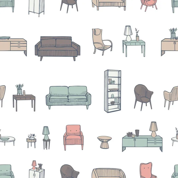 Furniture Lamps Plants Home White Background Vector Seamless Pattern — 스톡 벡터