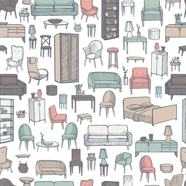 Furniture Lamps Plants Home White Background Vector Seamless Pattern — 스톡 벡터