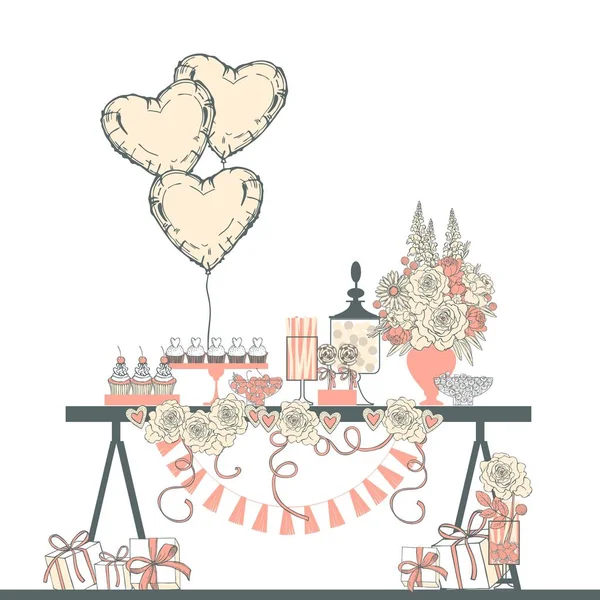 Hochzeit Schokoriegel Mit Cupcakes Und Blumen Desserttisch Zum Valentinstag Vektorillustration — Stockvektor