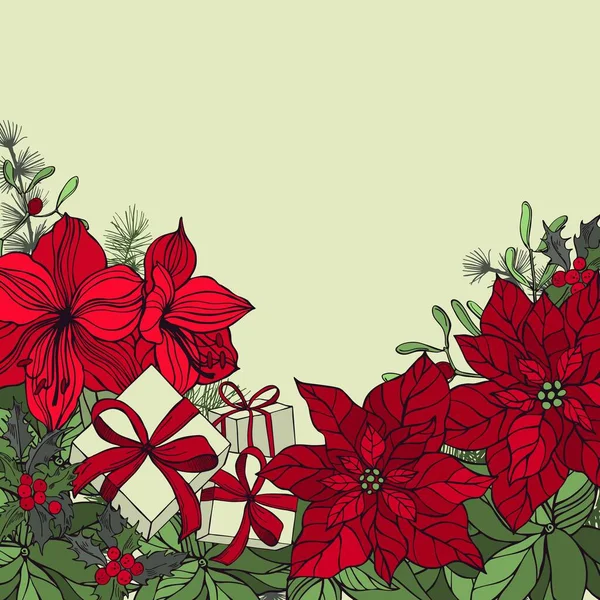 手描きのクリスマスの植物 花や贈り物とベクトル背景 スケッチイラスト — ストックベクタ