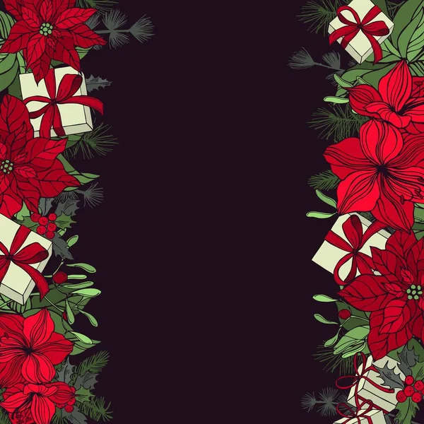 手描きのクリスマスの植物 花や贈り物とベクトル背景 スケッチイラスト — ストックベクタ
