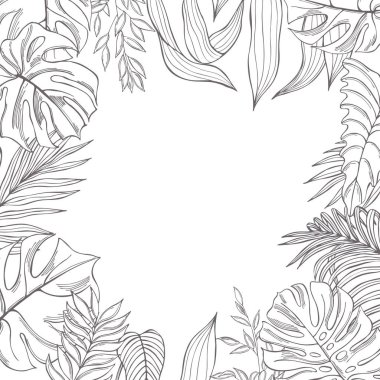 Elle çizilmiş tropikal bitkilerle vektör arkaplan. Çizim çizimi.
