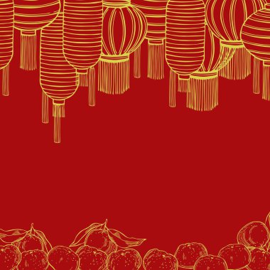 2020 Çin Yeni Yılı geçmişi Çin fenerleri ve mandalinalarla dolu. Vektör çizimi çizimi.