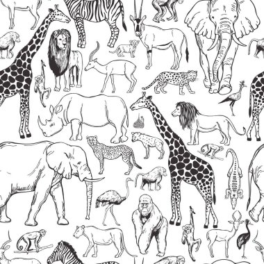 Beyaz arka planda el yapımı Afrikalı hayvanlar ve kuşlar. Vektörsüz desen.