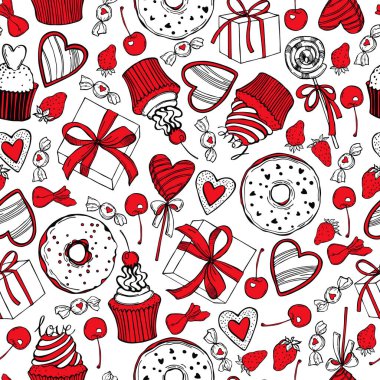 Beyaz arka planda Sevgililer Günü için el çizimi tatlılar ve pastalar. Vektörsüz desen 