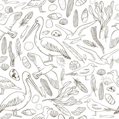 Elle çizilmiş martılar ve pelikanlarla kusursuz vektör deseni.