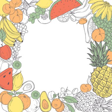 Elle çizilmiş meyveli vektör arkaplan. Çizim çizimi.