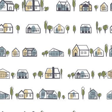 El çizimi şirin evler. Vektörsüz desen.