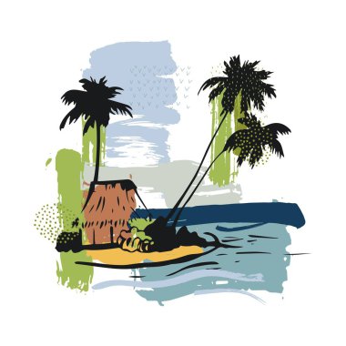 Sahilde palmiye ağaçları olan el yapımı bir bungalov. Vektör çizimi çizimi.