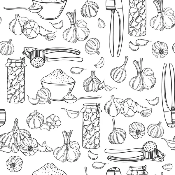 Hand Drawn Garlic Set Vector Seamless Pattern — Stock Vector