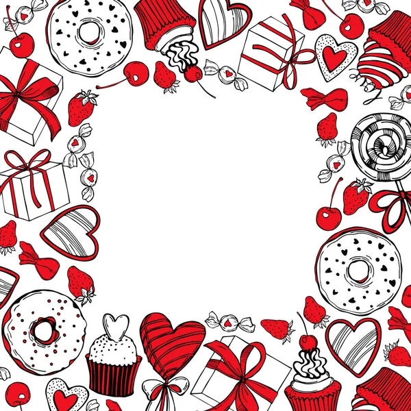 Hand Drawn Valentine Day Set Vector Background Cupcakes Sweets Sketch — Stock Vector