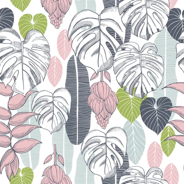 Handgezeichnete Tropische Pflanzen Blätter Und Blüten Vector Nahtloses Muster — Stockvektor