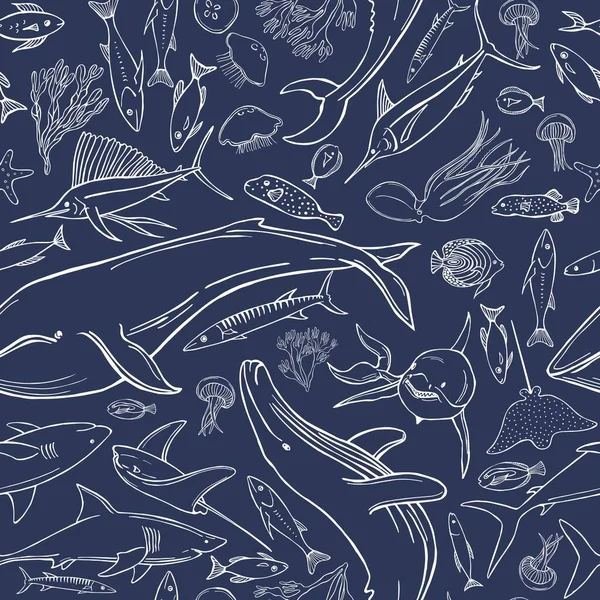 手绘鲸鱼和鱼 矢量无缝模式 — 图库矢量图片