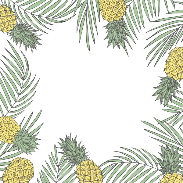 Çizimi Tropikal Bitkiler Ananaslarla Dolu Vektör Yaz Arka Planı Çizim — Stok Vektör