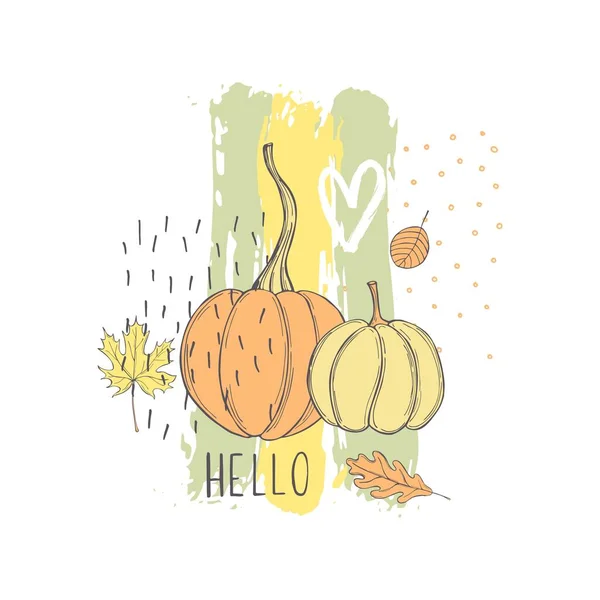 手描きの葉やカボチャと秋のベクトルスケッチイラスト — ストックベクタ