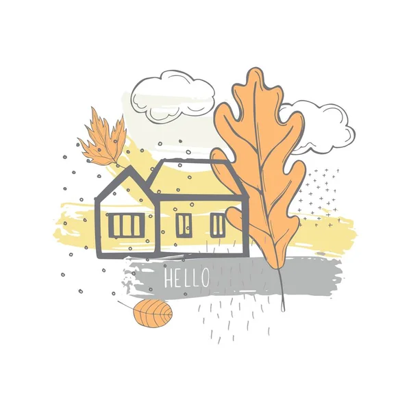 Otoño Ilustración Vectorial Boceto Con Hojas Dibujadas Mano Casa — Vector de stock