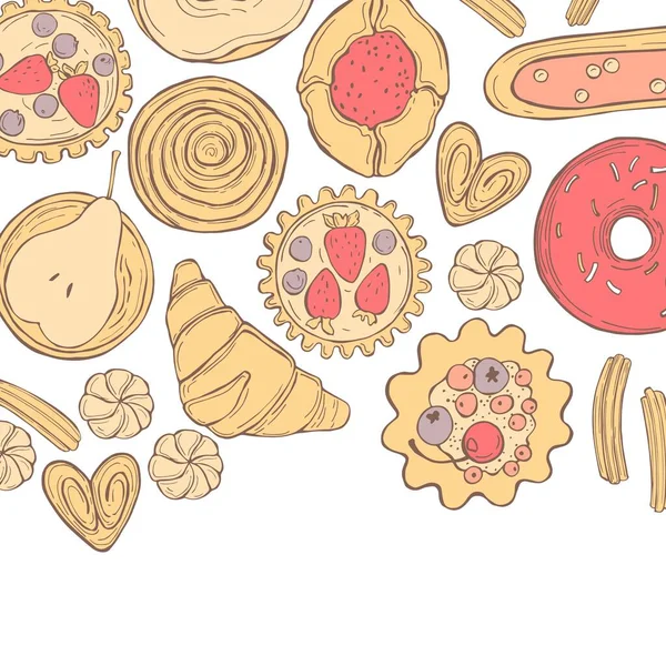 Produits Boulangerie Fond Cookies Gâteaux Beignets Illustration Croquis Vectoriels — Image vectorielle