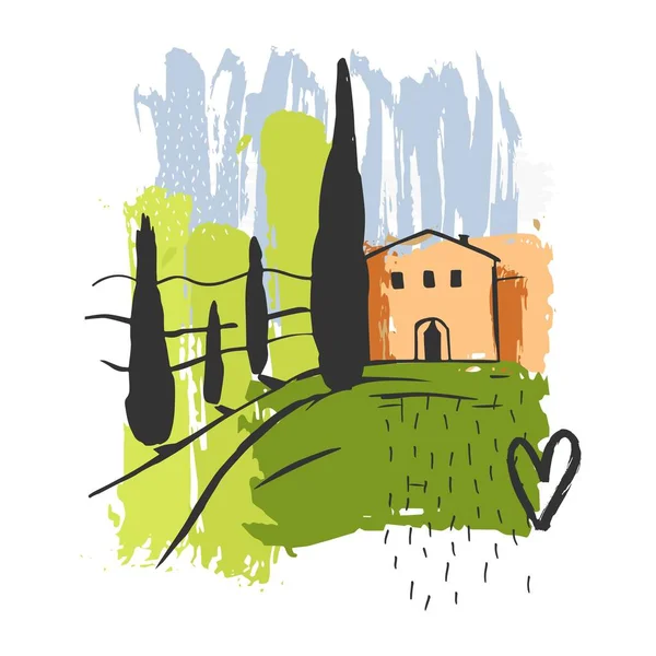 Paisaje Dibujado Mano Toscana Dibujo Vectorial Ilustración — Vector de stock