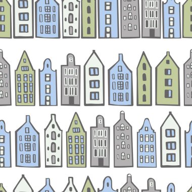 El çizimi şirin evler. Vektörsüz desen.