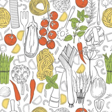 Beyaz arka planda elle çizilmiş makarna ve sebzeli vektörsüz desen. İtalyan yemeği. Çizim çizimi.
