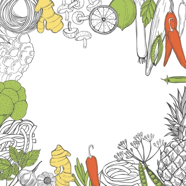 Vektorhintergrund Mit Handgezeichnetem Gemüse Auf Weißem Hintergrund Asiatisches Essen Skizzenillustration — Stockvektor