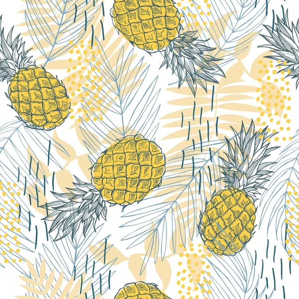 stock vector Hand drawn tropical plants and pineapples.Vector seamless pattern