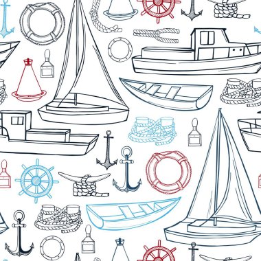 Deniz taşımacılığı, yatlar ve gemiler. Vektörsüz desen.