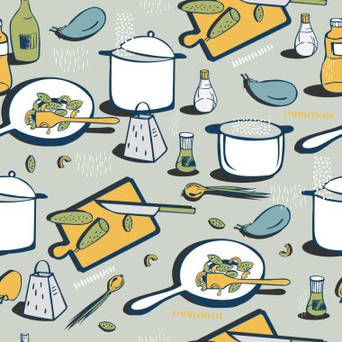 Yemek pişirmek için aletler. Yemek pişirmek. Vektörsüz desen.