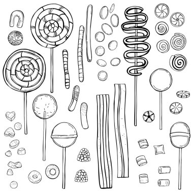 El yapımı lolipoplar, şeker ve marmelat seti. Vektör çizimi çizimi.