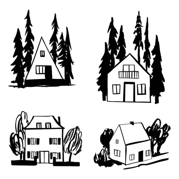 Hand Drawn Houses Trees Vector Sketch Illustration — Stock Vector