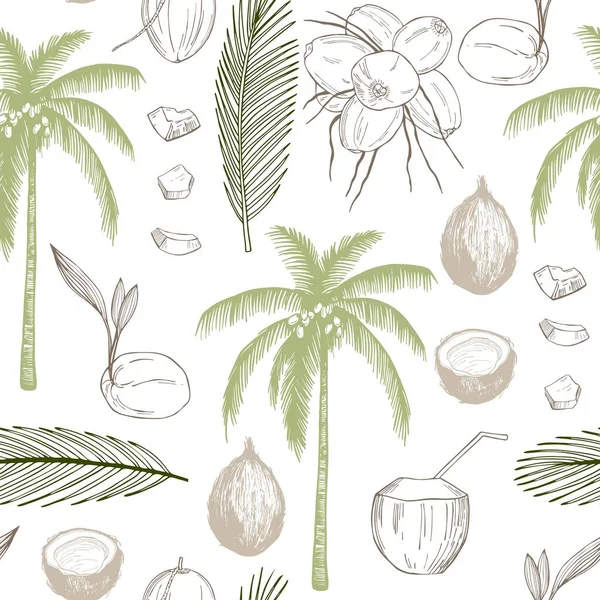 Hand Drawn Coconuts Palm Leaf Vector Seamless Pattern — Stock Vector