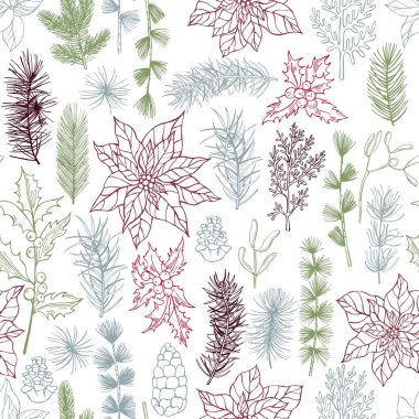 Elle çizilmiş Noel bitkileriyle kusursuz bir desen.