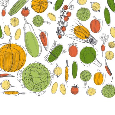 Elle çizilmiş sebzeli vektör arkaplan. Çizim çizimi.  