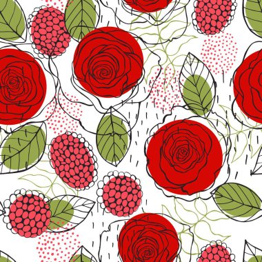 Çiçek arkaplan. Elle çizilmiş kırmızı güllerle kusursuz vektör deseni