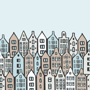 Elle çizilmiş evleri olan vektör arkaplan. Çizim çizimi.