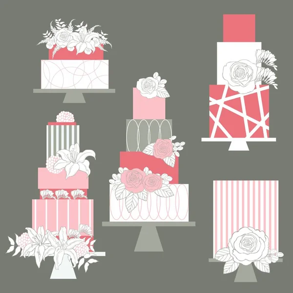 Pasteles Boda Con Flores Ilustración Vectorial — Vector de stock