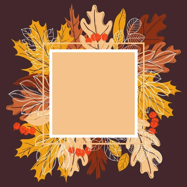 Векторная Рама Нарисованными Вручную Осенними Листьями Ягодами Рисунок — стоковый вектор
