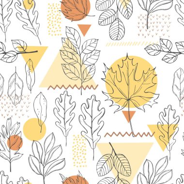  Elle çizilmiş sonbahar yapraklarıyla kusursuz bir desen. Çizim çizimi
