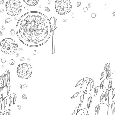 Yulaf lapası ve kurabiyeli vektör arkaplan. El çizimi çizimi çizimi