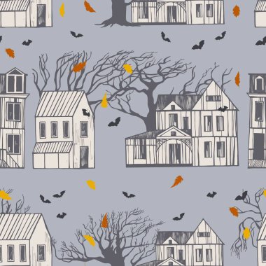  El çizimi cadılar bayramı evleri ve ağaçlar. Vektörsüz desen.