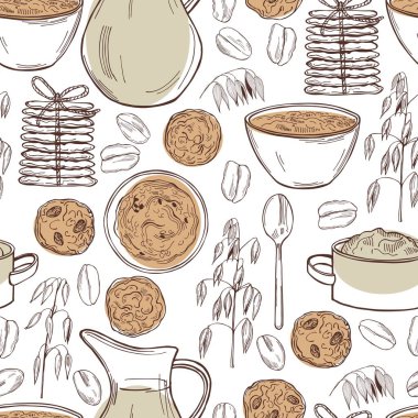 Yulaf ezmeli yulaf lapası ve kurabiyeli kusursuz desen. El çizimi çizimi çizimi