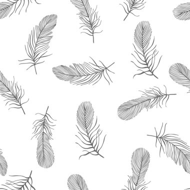 Beyaz arkaplanda elle çizilmiş tüyleri olan kusursuz vektör deseni.